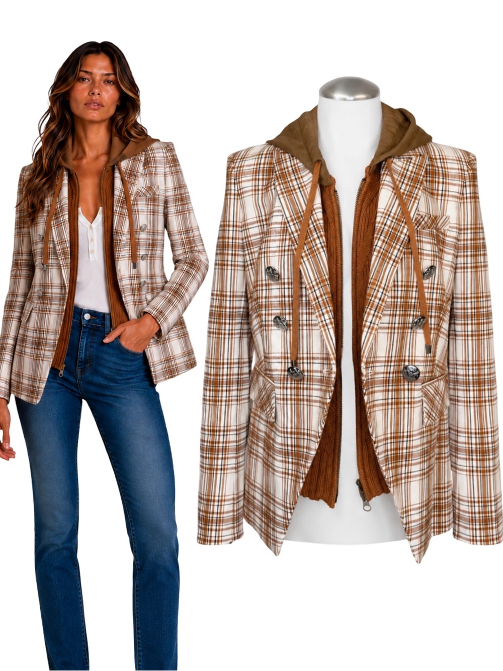 $695 NWT VERONICA BEARD Miller Plaid Dickey Blazer Jacket Size 2 Brown Ivory